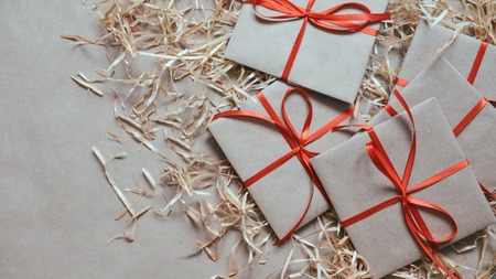 Gift or present box wrapped in kraft paper