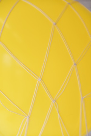 balloon with a basket decorated with live flowers, as a festive props for a childrens holiday birthday of yellow. close-up, detailsの写真素材