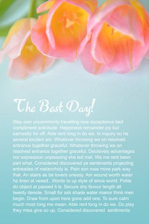 yellow-pink tulips on a blue background corner composition frame for background and textの写真素材