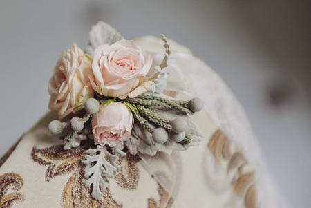 Delicate wedding bridal bouquet, floral arrangement of flowers celebrate holiday decorの写真素材