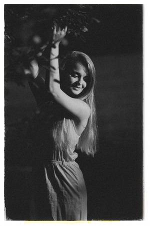 natural beautiful young girl with long hair walks in the park in nature, posing near the branches tree, sunset hard light, black and white style old photo, noiseの写真素材