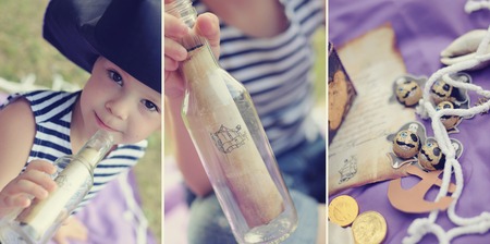 collage childrens stylized birthday outdoors in the style of pirates decor for kids. boys brothers in sea pirates costumes. candy bar decorations for a photo shootの写真素材