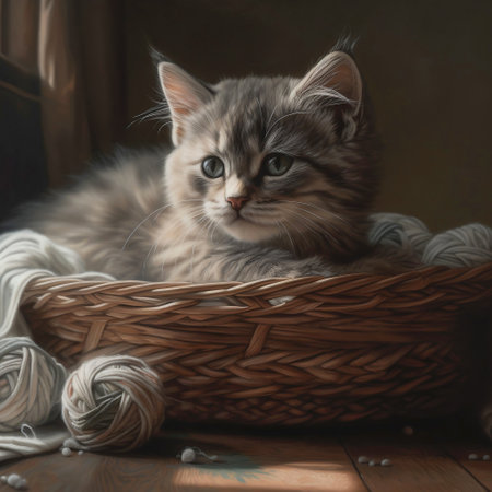 cute kitten sits indoors in a basket with balls of woolen threads, generated by AIの素材