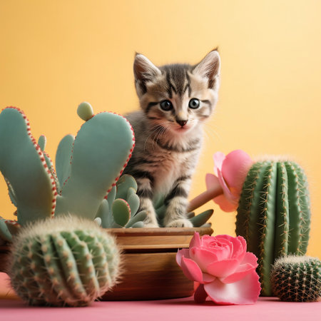 cute gray cat sits on a table surrounded by cactus flowers, generated by AIの素材