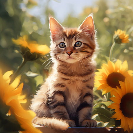 Fluffy kitten sits in the garden on the grass around the flowers sunflowers, generated by AIの素材