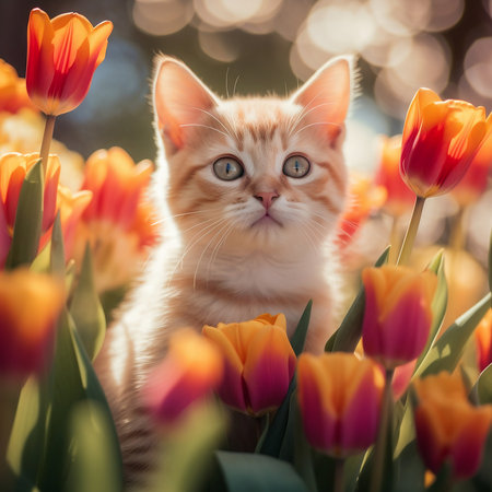 Fluffy kitten sits in the garden on the grass around the tulips flowers, generated by AIの素材