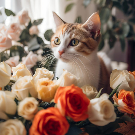 cute fluffy cat sits on a table surrounded by bouquets of rose flowers created by AI.の素材