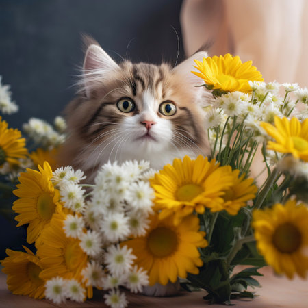 cute cat sits on the table surrounded by a bouquet of chamomile flowers, generated by AI.の素材