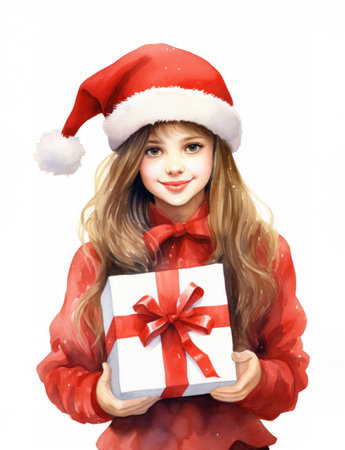 Beautiful sexy girl in a suit and Santa Claus hat at Christmas New Year holiday with surprise gift box on a white background in watercolor style illustrationの素材