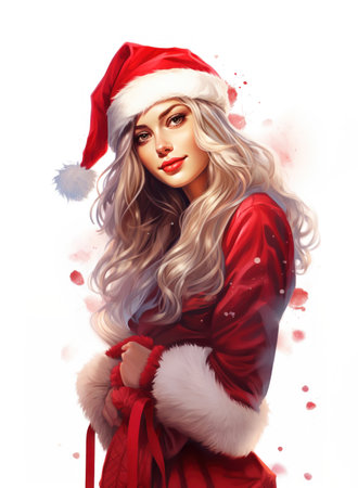 Beautiful sexy girl in a suit and Santa Claus hat at Christmas New Year holiday on a white backgroundの素材