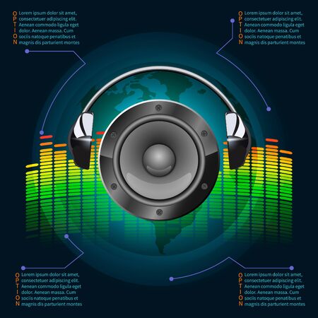 dark infographics music with headphones and speakerのイラスト素材
