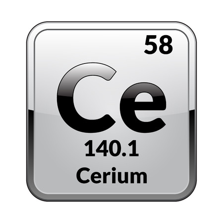 Cerium symbol.Chemical element of the periodic table on a glossy white background in a silver frame.Vector illustration.のイラスト素材
