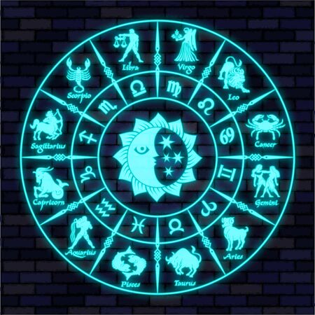 Blue neon horoscope circle.Circle with signs of zodiac.Vector illustrationのイラスト素材