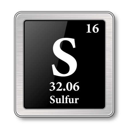 Sulfur symbol.Chemical element of the periodic table on a glossy black background in a silver frame.Vector illustration.のイラスト素材