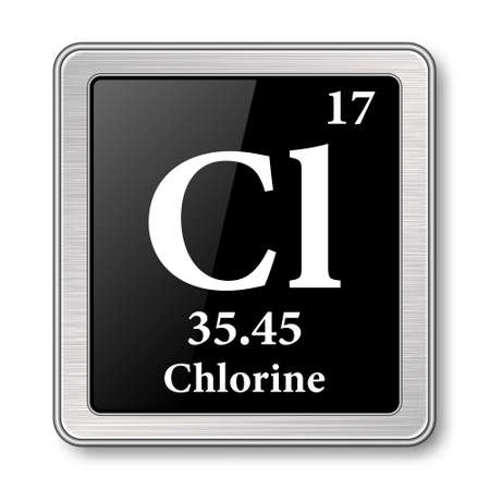 Chlorine symbol.Chemical element of the periodic table on a glossy black background in a silver frame.Vector illustration.のイラスト素材