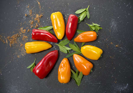 fresh multicolored bell peppers. Bell peppers, flat lay