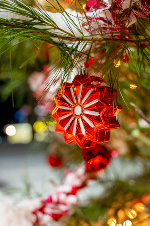 Christmas decoration on pine tree. Christmas Holidays Background. Christmas lights. Christmas post cardの写真素材