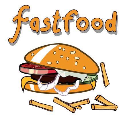 Vector image of tasty burger with fries. Isolated. Fastfood poster.のイラスト素材