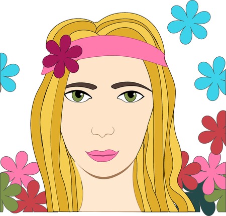 Vector illustration of hippie girl with flowers and headband sign of peace and pacifism colorfulのイラスト素材