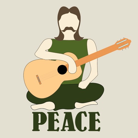 Vector illustration of cross-legged hippie man with guitar sign of peace and pacifism colorfulのイラスト素材
