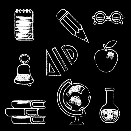 School supplies. Set of white chalk vector illustrations on blackboard. Outline style.のイラスト素材