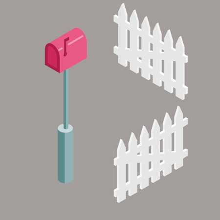 Set of isometric red mail box and white fences for suburban house illustration. 3d flat design. Concept for rent, real estate and home.のイラスト素材