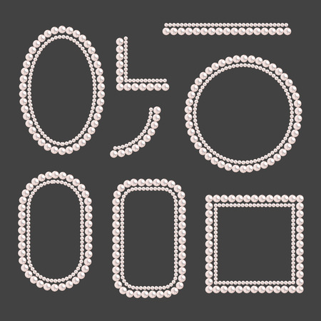 Set of pearl frames isolated on gray background. Vector elements for wedding decoration, banners, cards, invitation. Elegant cream pearls borders and corners.のイラスト素材