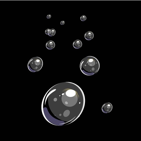 Shiny soap bubble in realistic style. Transparent white isolated on black background. 3d vector illustration.のイラスト素材