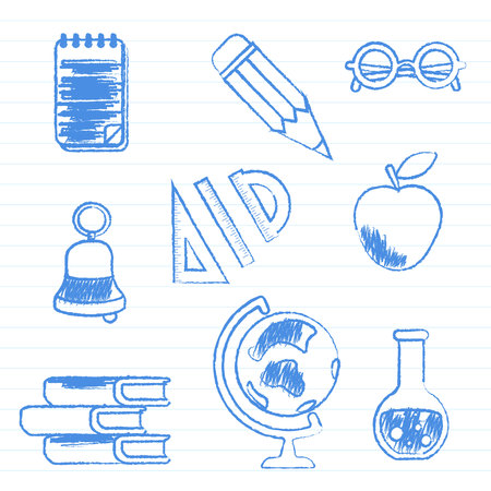 School supplies. Set of blue pen drawn outline on white textbook page. Vector illustration.のイラスト素材