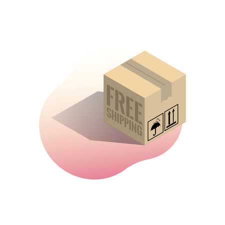 Cardboard corrugated box with shadow on bright gradient spot. Free shipping icon for online store. Isometric vector illustration isolated on white background.のイラスト素材