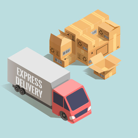 Express delivery. Big truck with stack of cardboard boxes. Vector concept isolated on light background.のイラスト素材