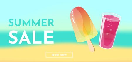 Hello summer. Banner, flyer or poster template. ice cream and glass of juice on seashore background. Vector illustration.のイラスト素材