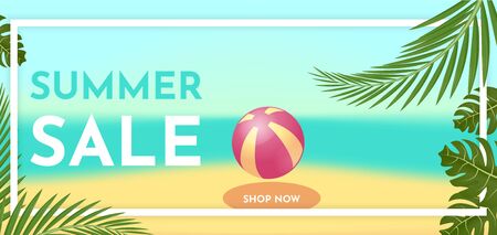 Summer sale banner template with tropic leaves. Hot offer concept. Vector illustration.のイラスト素材