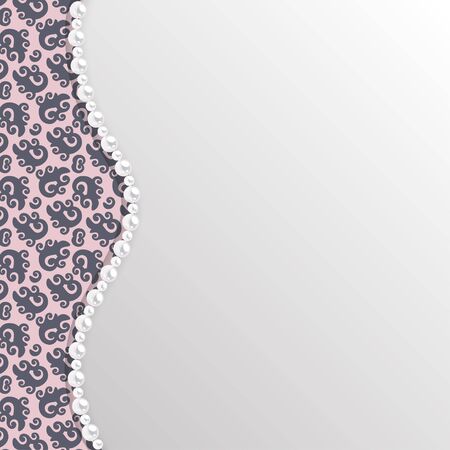 Background for wedding invitation or greeting card with black lace pattern and pearl border. Vector template.のイラスト素材