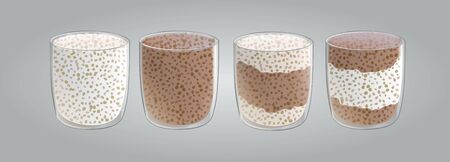 Set of chia seed puddings. Milk, chocolate and layered. Healthy vegan snack in glass with whipped cream. Vector illstration isolated on gray background.のイラスト素材
