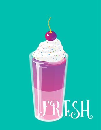 Cocktail jelly shot with cream and cherry on top. Fresh sweet drink ads concept. Vector illustration.のイラスト素材
