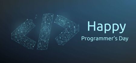 Happy programmer day banner or greeting card with code symbol in polygonal wireframe style. Vector illustration.のイラスト素材