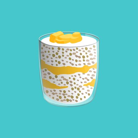 Chea seed pudding. Healthy vegan snack in glass with mango slices. Vector illstration isolated on blue background.のイラスト素材