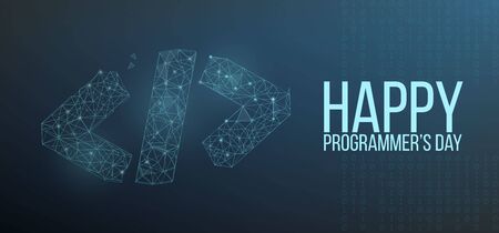 Happy programmer day banner or greeting card with code symbol in polygonal wireframe style. Vector illustration.のイラスト素材
