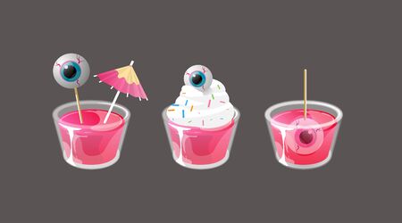 Set of halloween shots. Pink jelly cup with cream topping, cocktail umbrella and spooky eye on stick. Vector collection isolated on gray background.のイラスト素材