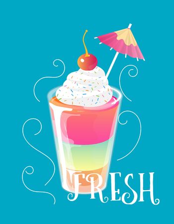 Cocktail jelly shot with cream and cherry on top. Fresh sweet drink ads concept. Vector illustration.のイラスト素材