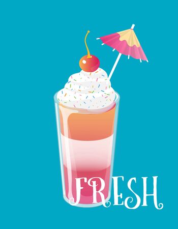 Cocktail jelly shot with cream and cherry on top. Fresh sweet drink ads concept. Vector illustration.のイラスト素材