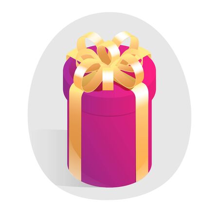Red round gift box with golden bow. Isometric vector icon in shadow circle isolated on white background.のイラスト素材