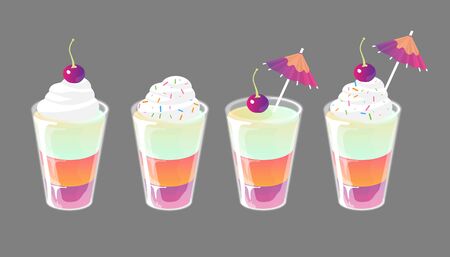 Set of jelly shots with cream, cocktail umbrella and cherry on top. Fresh sweet drink ads concept. Vector collection isolated on gray background.のイラスト素材