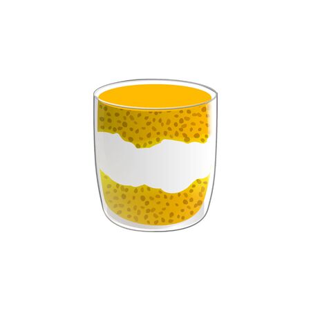 Chia seed pudding. Healthy vegan snack in glass with mango and cream. Vector illstration isolated on white background.のイラスト素材