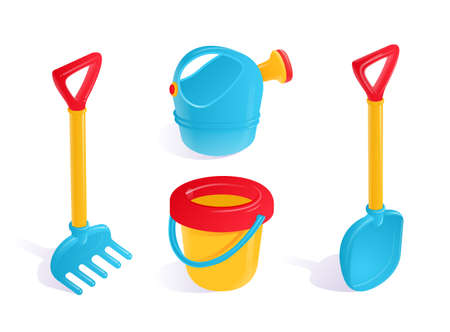 Sandbox toys plastic. Isolated vector set in cartoon style.のイラスト素材