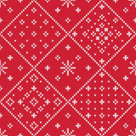 Winter holiday knitted diamond pattern. Red and white christmas seamless vector pattern with knitted texture. Cute festive background with a set of knitted motifs.のイラスト素材