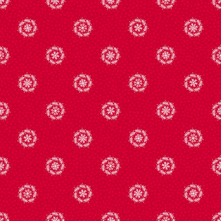 Red christmas festive seamless vector pattern. White doodle snowflakes, fur tree branches and polka dots on red background. Cute hand-drawn holiday texture. Gift wrapping paper, social media backdrop.のイラスト素材