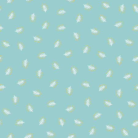 Christmas holiday seamless vector pattern. White doodle fur tree branches and yellow dots on pastel blue background. Cute hand-drawn holiday texture design. Gift wrapping paper, social media backdrop.のイラスト素材