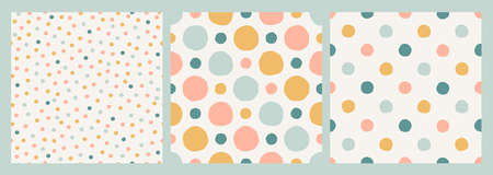 Seamless vector patterns. Hand-drawn circles, confetti and polka dot backgrounds. Neutral pastel vintage square designs. Scandinavian print in mustars yellow, blue and pink on off-white background.のイラスト素材